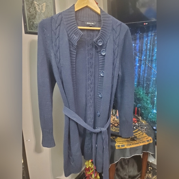 Cozy navy Dalia button down cardigan with belt and braiding details size Large - Picture 1 of 4